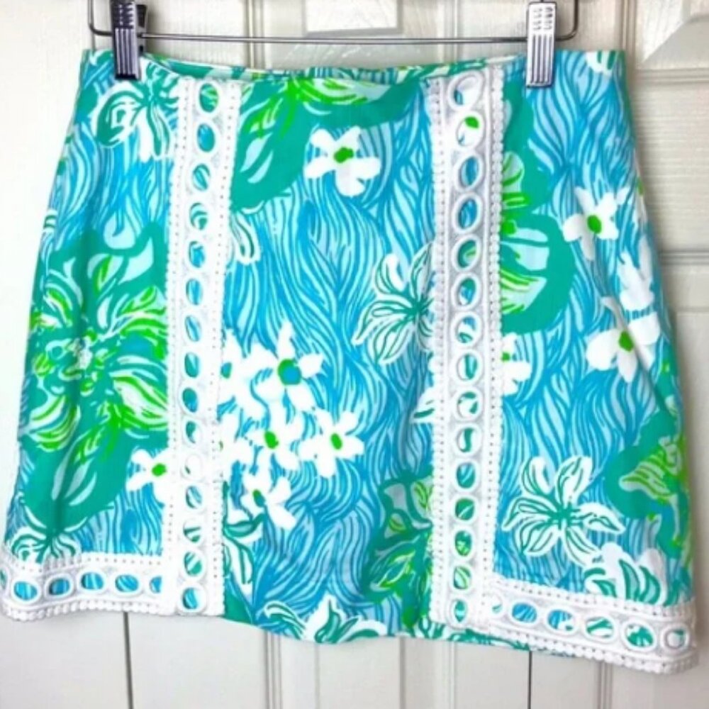 NWT Lilly Pulitzer Lagoon Green Pansy Lace Skort Sz 00 MSRP $88